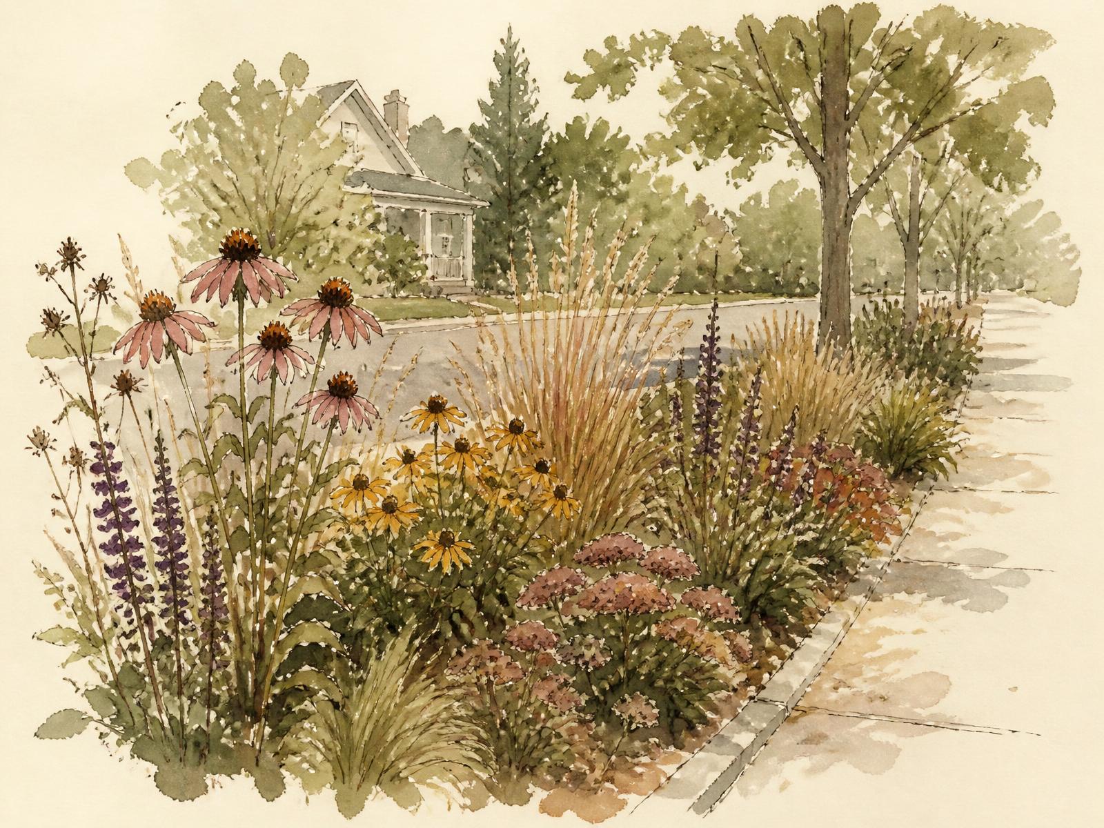 Illustration of a residential boulevard garden planted with coneflowers, black-eyed susans, and native grasses between a sidewalk and street