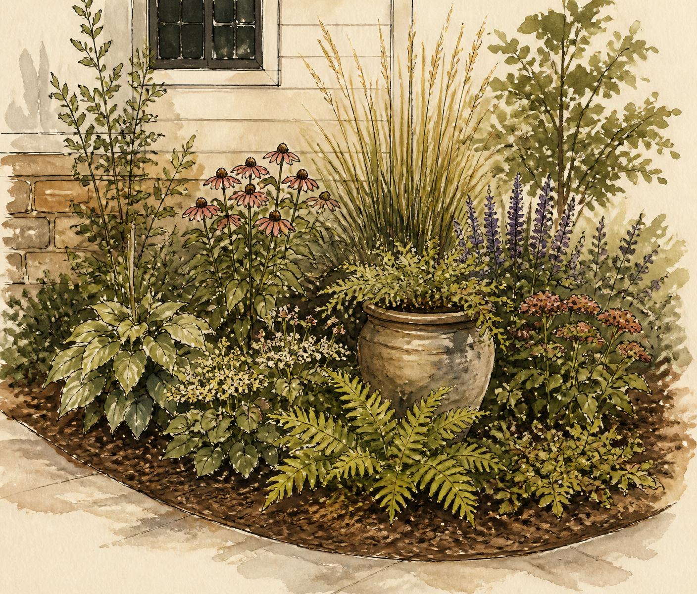 Illustration of a small front-yard garden bed with perennials, ferns, grasses, and a hand-thrown stoneware planter